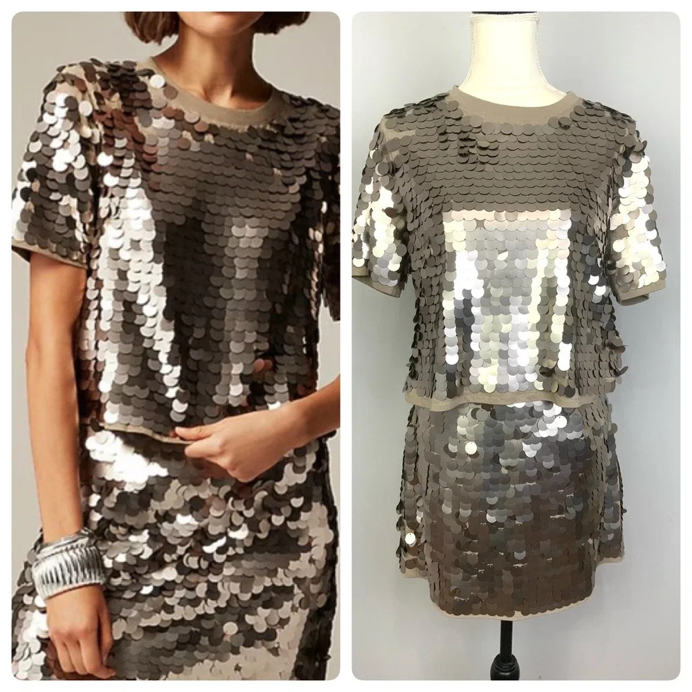 J. Crew Collection Sz Small Taupe Gray Paillette Sequin Skirt Top Set Outfit